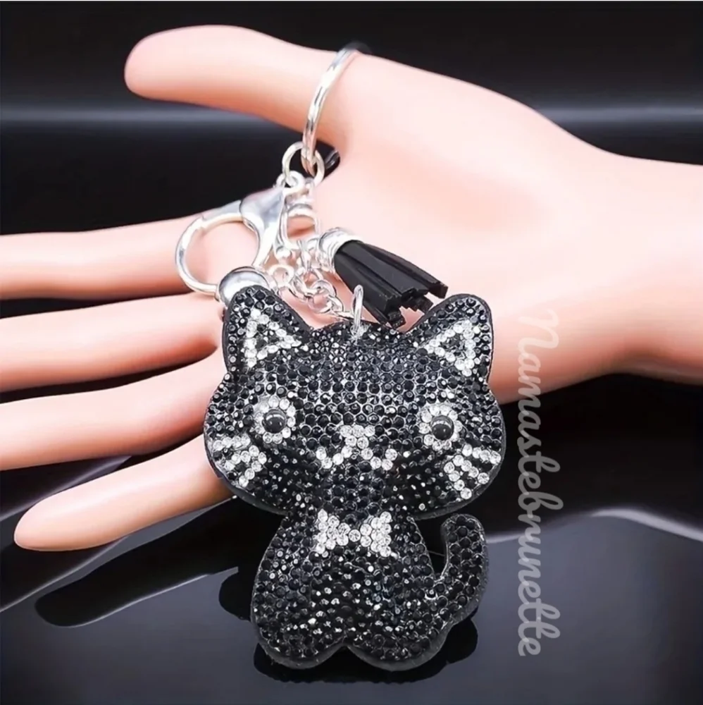 Kitty Cat Crystal Rhinestone Keychain Bag Charm With Black Tassel